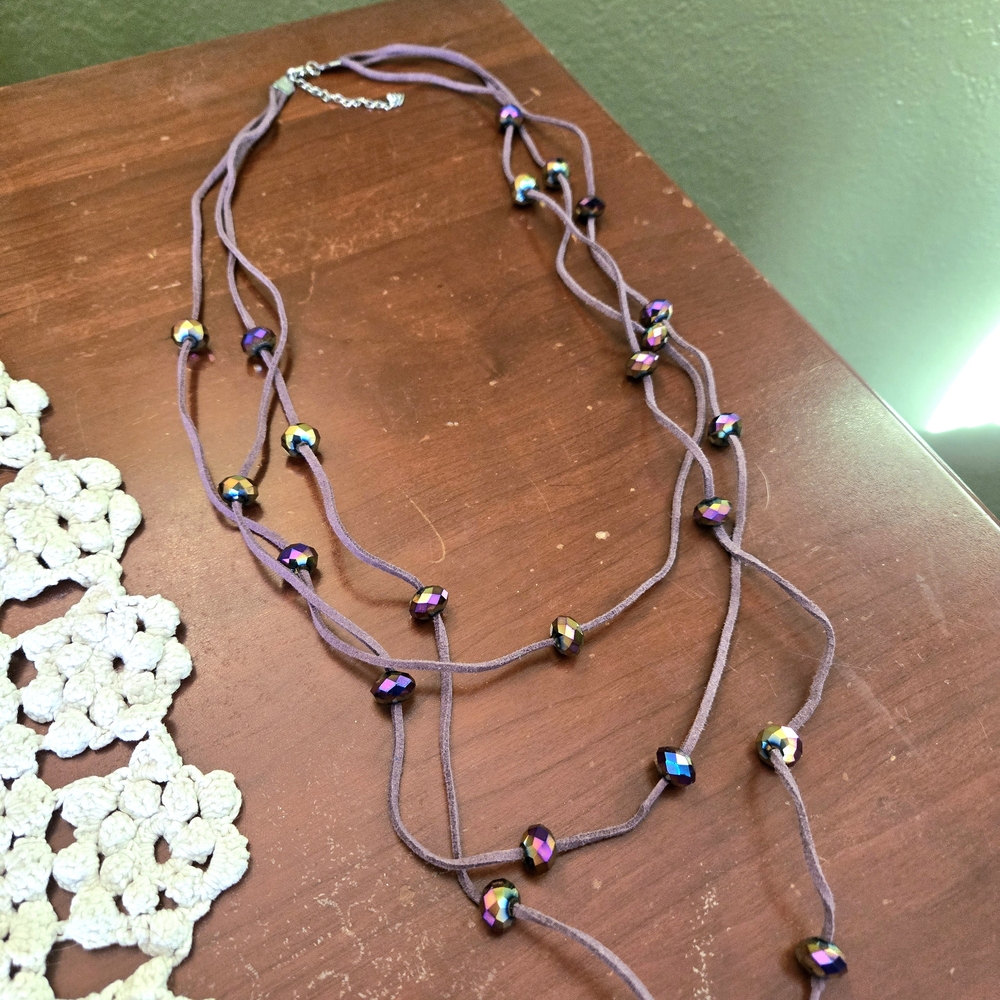 Layered Purple Cord Necklace with Iridescent Beads